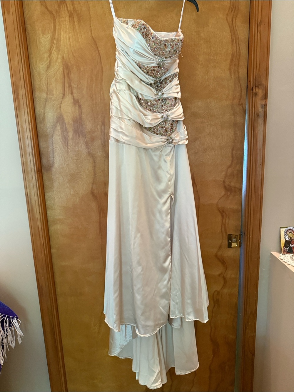 Tony Bowls Beaded Ivory-Champagne Satin Evening Dress with Draped Bodice